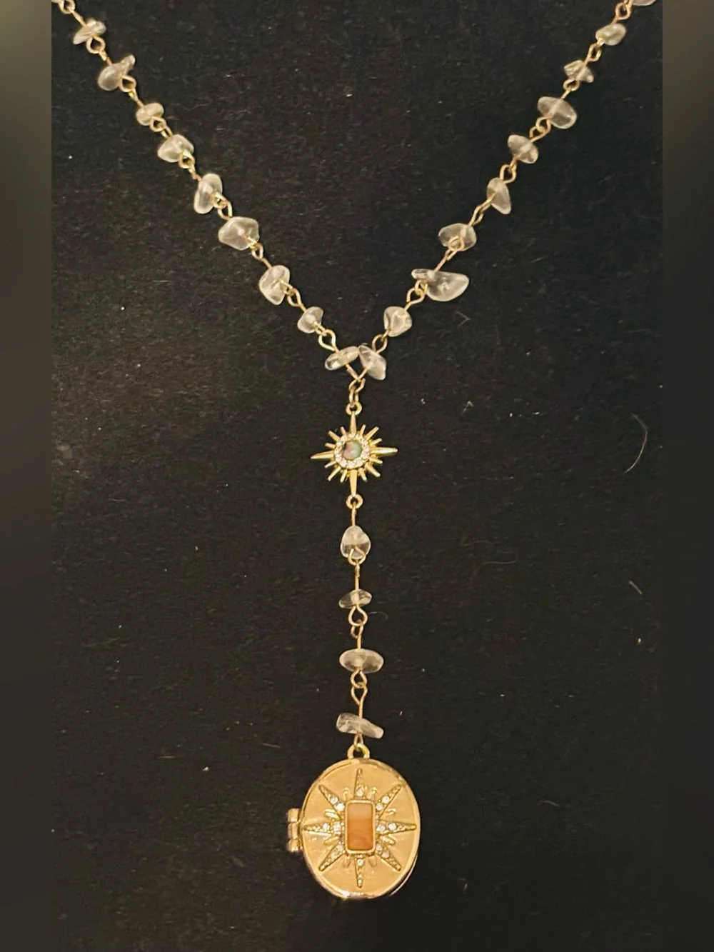 Gold-Tone & Quartz Crystal Lariat Y Style Necklace with Locket Charm ✨